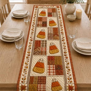 May include: A rectangular quilted table runner featuring a patchwork design with alternating blocks of candy corn appliqués and plaid fabric squares in shades of orange, yellow, brown, and cream, bordered by a vine and leaf pattern with star corners.