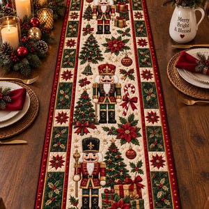 May include: A rectangular fabric table runner featuring a cream-colored center panel with three nutcracker figures, Christmas trees, wrapped gifts, candy canes, and poinsettias. The border consists of red and green squares with holly motifs.