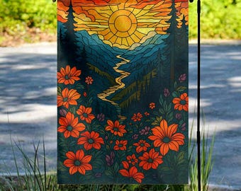 Boho Mountain Welcome Stained Glass Art Garden Flag, Retro Sunset Mountain Garden Flag, Summer Yard Decor Flag UNYD14