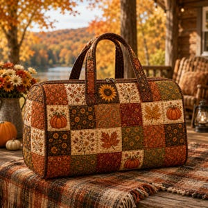 Autumn Floral Quilted Weekend Bag, Pumpkin Patchwork Duffel Bag, Fall Travel Overnight Bag, Rustic Thanksgiving Gift SRD-UYM61