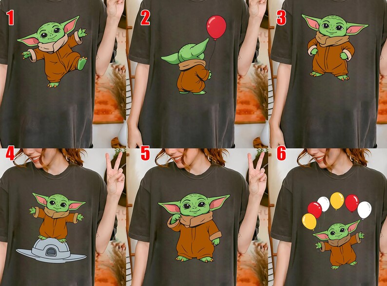 May include: Dark gray t-shirts featuring a cartoon character in various poses. The character has green skin, large ears, and is wearing a brown outfit. Some shirts show the character with a red balloon or floating with balloons.