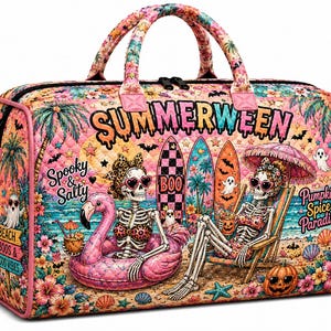 May include: A quilted duffel bag featuring a vibrant Summerween beach scene with two skeletons, surfboards, palm trees, and tropical flowers. The text reads Summerween, Spooky & Salty, Boo, Pumpkin Spice Paradise, and Beach Boos & Good Vibes.