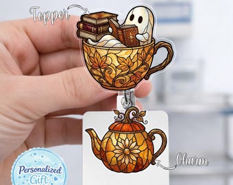 Cozy Ghost Badge Reel, Book Lover Badge Holder, Fall Tea Cup Ghost Badge Reel, Autumn Reader Nurse Badge Clip Gift SMXB13