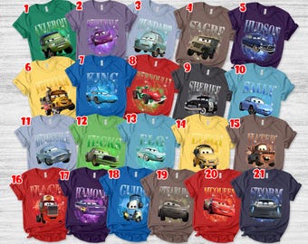Disney Cars Lightning McQueen and Tow Mater Retro 90s Portrait Full Charater Shirt, Hudson Sally Carrera Disneyland Matching Tee, Flo AXHA06