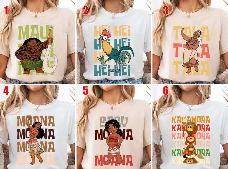 May include: A collection of six t-shirts featuring characters and text from the animated movie. The shirts display images of Maui, Hei Hei, Tala, Moana, Baby Moana, and the Kakamora. Each shirt has a unique design with vibrant colors and text.