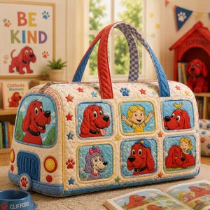 May include: A quilted fabric pet carrier shaped like a bus, featuring Clifford the Big Red Dog and friends in square panels. The bag has a cream base, blue and red trim, and two handles with a checkered pattern, decorated with colorful star icons.