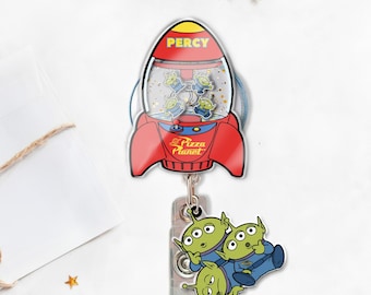 Personalized Toy Story Alien Shaker Badge Reel, Pizza Planet Rocket ID Holder,Disney Nurse Badge Clip, Custom Name Retractable Reel SBRL2U09