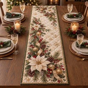 May include: A quilted table runner featuring a festive holiday print of white poinsettias, pine branches, pinecones, red berries, and gold ornaments on a cream background with a diamond-stitched pattern and a dark green border trim.
