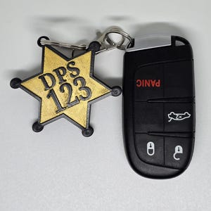 Personalized Police Star Badge Style Keychain - Black & Gold or Grey
