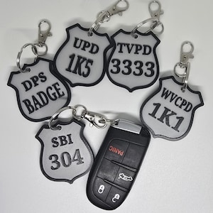 Personalized Police Shield Badge Style Keychain - Black & Gold or Grey