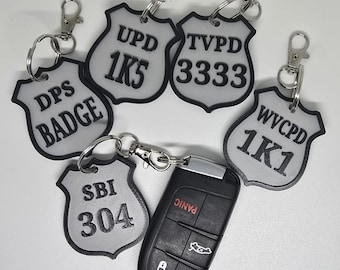 Personalized Police Shield Badge Style Keychain - Black & Gold or Grey