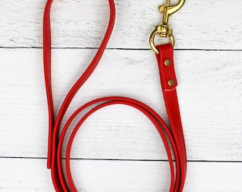 Könnte beinhalten: Eine leuchtend rote Hundeleine mit einem goldfarbenen Verschluss und Ring. Die Leine besteht aus einem glatten, strapazierfähigen Material für komfortables Handling. Die Leine ist etwa 152 cm lang.