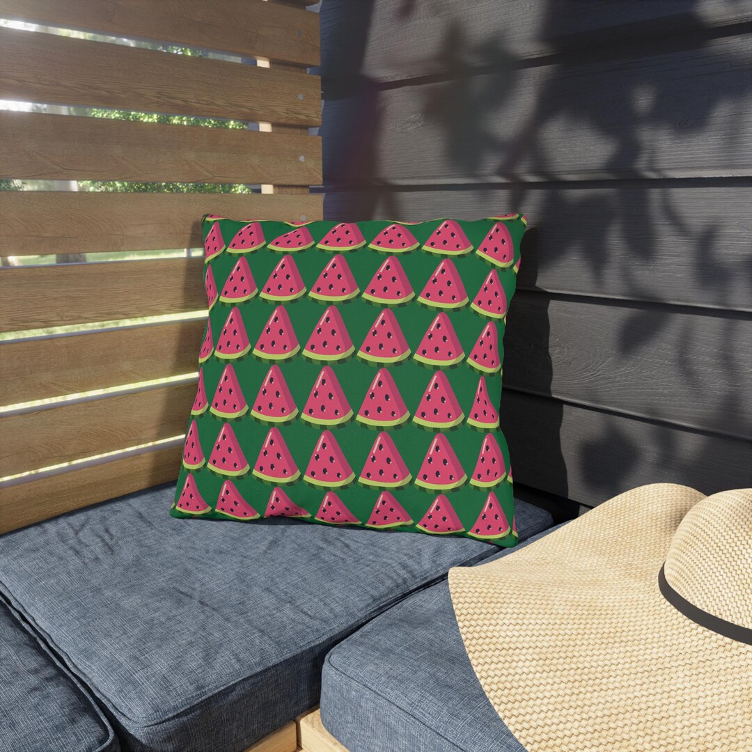 Watermelon Slice Outdoor Pillow, Dark Green Square Cushion for Patio ...