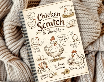 Può includere: Un quaderno a spirale con il titolo "Chicken Scratch & Thoughts" e illustrazioni di polli. La copertina presenta varie frasi e disegni a tema gallina, tra cui "Cluck! Cluck!", "Feelin' Peckish!" e "Rise & Shine!"