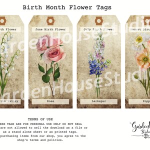 Etiquetas de regalo del mes de nacimiento Descarga digital, Etiquetas originales Vintage Floral Shabby Chic imprimibles, Etiquetas botánicas para diario basura y artesanías en papel