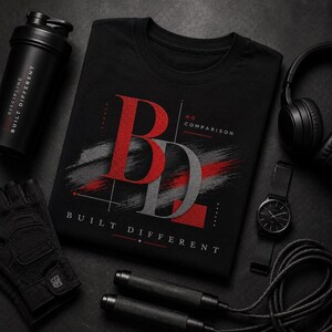 May include: A black t-shirt featuring a large red letter B and a grey letter D, with the text "NO COMPARISON" and "BUILT DIFFERENT" printed in white. The design includes red and grey brushstroke accents and thin geometric lines on the fabric.
