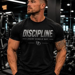 Puede incluir: Una camiseta negra de manga corta con la palabra DISCIPLINE en letras grandes de color gris, seguida del texto EVERY SINGLE DAY y un logotipo con las letras DD. La camiseta tiene cuello redondo y está hecha de tela negra lisa.