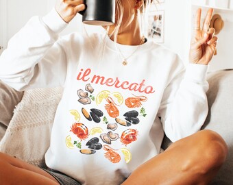 Sudadera vintage de mercado italiano / Sudadera con cuello redondo de Frutti di Mare Seafood / Regalo para amantes de los mariscos / Atuendo para un día de playa / Estilo de inspiración culinaria