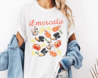 Camiseta vintage de mercado italiano / Camiseta de mariscos Frutti di Mare / Regalo para amantes de los mariscos / Atuendo para un día de playa / Estilo de inspiración culinaria