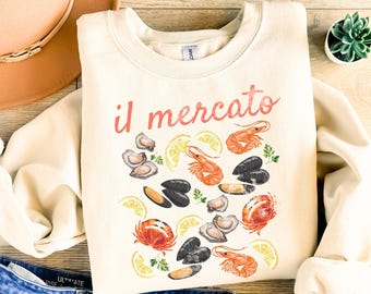 Sudadera vintage de mercado italiano / Sudadera con cuello redondo de Frutti di Mare Seafood / Regalo para amantes de los mariscos / Atuendo para un día de playa / Estilo de inspiración culinaria