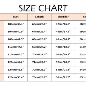 May include: A size chart displaying measurements in both centimetres and inches. Sizes range from XS to 4XL, with bust measurements from 100cm/39.4" to 128cm/50.4", lengths from 66cm/26.0" to 73cm/28.7". Shoulder and sleeve measurements are also included.