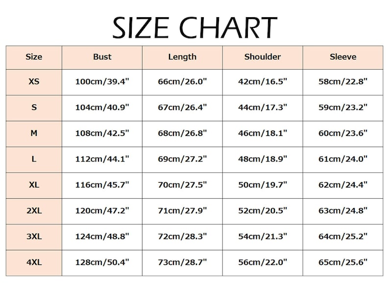 May include: A size chart displaying measurements in both centimetres and inches. Sizes range from XS to 4XL, with bust measurements from 100cm/39.4" to 128cm/50.4", lengths from 66cm/26.0" to 73cm/28.7". Shoulder and sleeve measurements are also included.