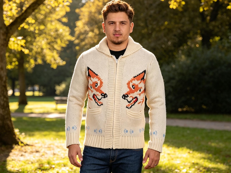 May include: Cream-coloured zip-up cardigan sweater with two orange fox head designs on the front. The sweater has a shawl collar, two pockets, and blue floral accents on the cuffs. The person is wearing blue jeans.