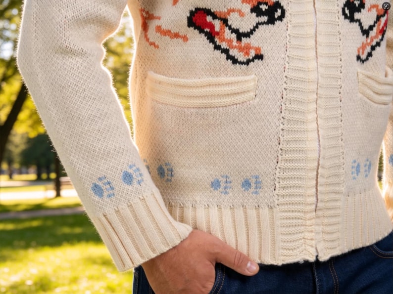 May include: Cream-coloured zip-up cardigan sweater with a textured knit. The sweater features a design with red, black, and orange accents. The cuffs have blue paw print details. The sweater has two front pockets.