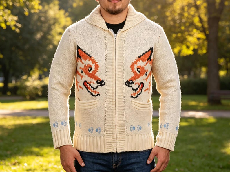 May include: Cream-coloured zip-up sweater with a shawl collar and two front pockets. The sweater features a fox design in orange and black on the chest. Light blue paw prints are on the cuffs. The sweater is made of a thick knit material.
