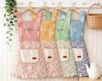 Personalized Striped Apron,Custom Floral Apron, Kitchen Apron,Embroidered Cooking Apron with Pockets,Baker Gift for Women,Mother's day gift