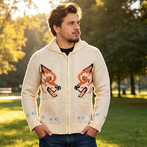 May include: Cream-coloured zip-up sweater with two orange and white fox faces on the front. The sweater has a shawl collar, two pockets, and blue paw prints near the bottom. The model is wearing blue jeans.