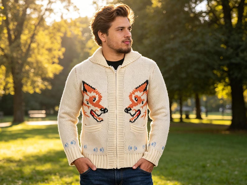 May include: Cream-coloured zip-up sweater with two orange and white fox faces on the front. The sweater has a shawl collar, two pockets, and blue paw prints near the bottom. The model is wearing blue jeans.