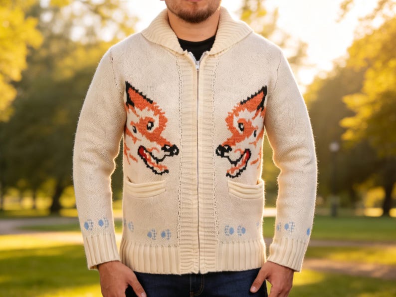 May include: Cream-coloured zip-up cardigan with two orange and black fox face designs. The sweater features a shawl collar, two front pockets, and blue paw print details on the cuffs. A warm knitwear garment for cooler weather.
