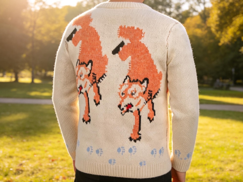 May include: Cream-coloured jumper featuring a repeating orange fox design on the back. The foxes are depicted in a pixelated style, with black and white accents. Blue paw prints are at the bottom of the jumper.