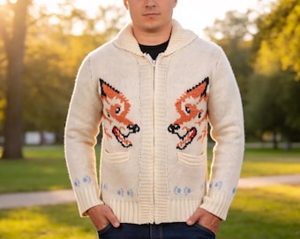 Fox Cardigan Inspired Hail Mary Wolf Sweater hand knit wool men's zip sweater, Men's Wolf Knit Zip-Up Cardigan, Vintage Inspired Knitwear