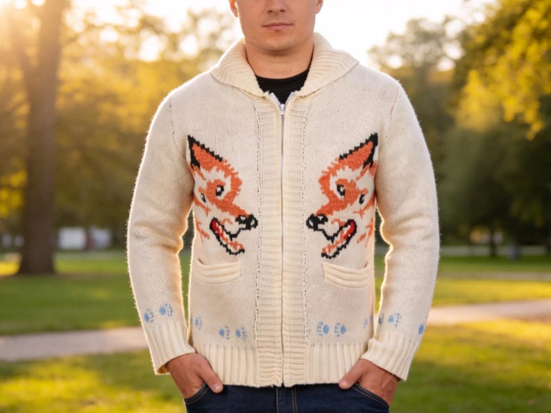 May include: Cream-coloured zip-up cardigan sweater with fox face designs in orange and black on the front. The sweater has a shawl collar, two front pockets, and blue paw prints on the cuffs.