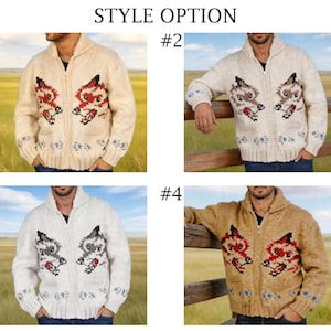 May include: Four images of zip-up knit sweaters with animal designs. The sweaters are cream, white, and tan, with fox or raccoon-like faces on the front. The sweaters have a shawl collar and are worn by a person.
