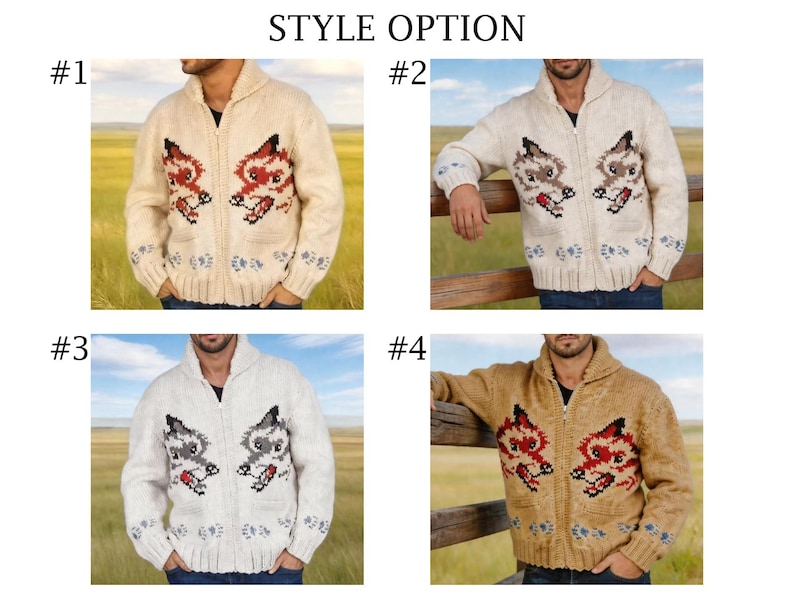 May include: Four images of zip-up knit sweaters with animal designs. The sweaters are cream, white, and tan, with fox or raccoon-like faces on the front. The sweaters have a shawl collar and are worn by a person.