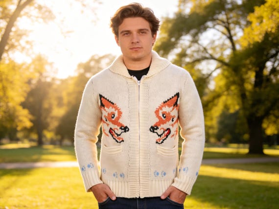 Wolf Cardigan Project Hail Mary Sweater Men Knit Zip Up Fox Cardigan Cozy Animal Pattern Cardigan Unisex Winter Gift Sci Fi Inspired