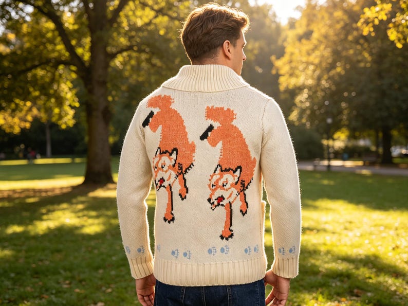 May include: A cream-coloured knitted sweater with a shawl collar and cuffs. The back displays two orange fox designs with black details. The person is in a park, with trees and sunlight visible in the background.