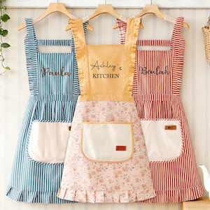 Custom Embroidered Apron,Personalized Name Apron with Pockets,Ruffle Baking Apron,Kitchen Apron,Chef Cooking Apron,Birthday Gifts for Mom