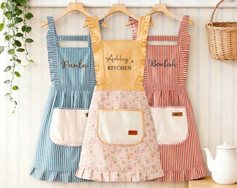 Custom Embroidered Apron,Personalized Name Apron with Pockets,Ruffle Baking Apron,Kitchen Apron,Chef Cooking Apron,Birthday Gifts for Mom