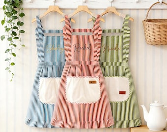 Custom Striped Apron With Pockets,Personalized Apron,Embroidered Name Apron,Adjustable Straps,Women Apron,Kitchen Apron,Chef Cooking Apron