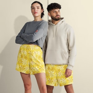 Short long athlétique unisexe | Jaune avec motif fleur jaune | Short pour elle et lui | Matériau recyclé | Short d&#39;entraînement | Short de créateur