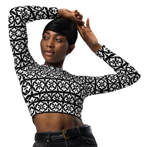 Recycled long-sleeve crop top | Black with White Classic Flower Design | Sporty Crop Top | Active Wear | Beachwear | Swim and Sports Top