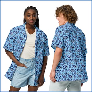 Unisex button shirt | Light Sky Blue with Navy Blue Paisley | Hawaiian Style Shirt | Flower Button Shirt | Vacation Button up