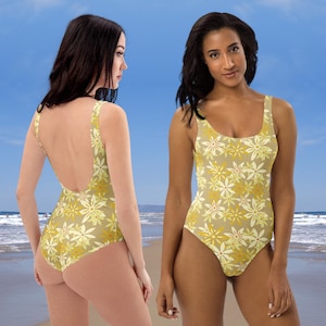 One-Piece Swimsuit | Tan with Yellow Flower Design | Swimsuit Ladies | Colourful Swimsuit | Cheeky fit | Swimwear| Beachwear | Bathing Suits