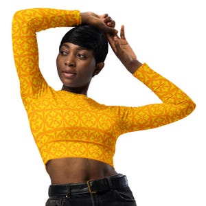 Recycled long-sleeve crop top | Orange with Yellow Gold Classic Flower Design | Sporty Crop Top | Active Wear | Beachwear | Swim & Sport Top