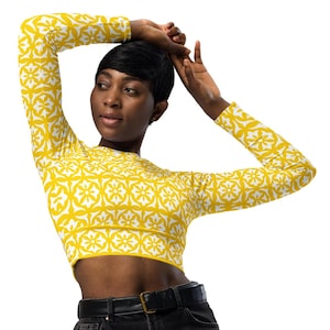Recycled long-sleeve crop top | Gold Yellow with White Classic Flower Design | Sporty Crop Top | Active Wear | Beachwear | Swim & Sport Top