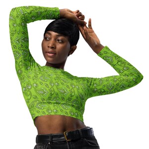 Recycled long-sleeve crop top | Yellow Green with Yellow Green Paisley | Sporty Crop Top | Active Wear | Beachwear | Swim and Sports Top